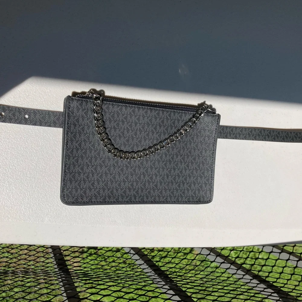 Michael Kors Black Logo Print Belt Bag Fanny Pack With Silver Pull Chain Small